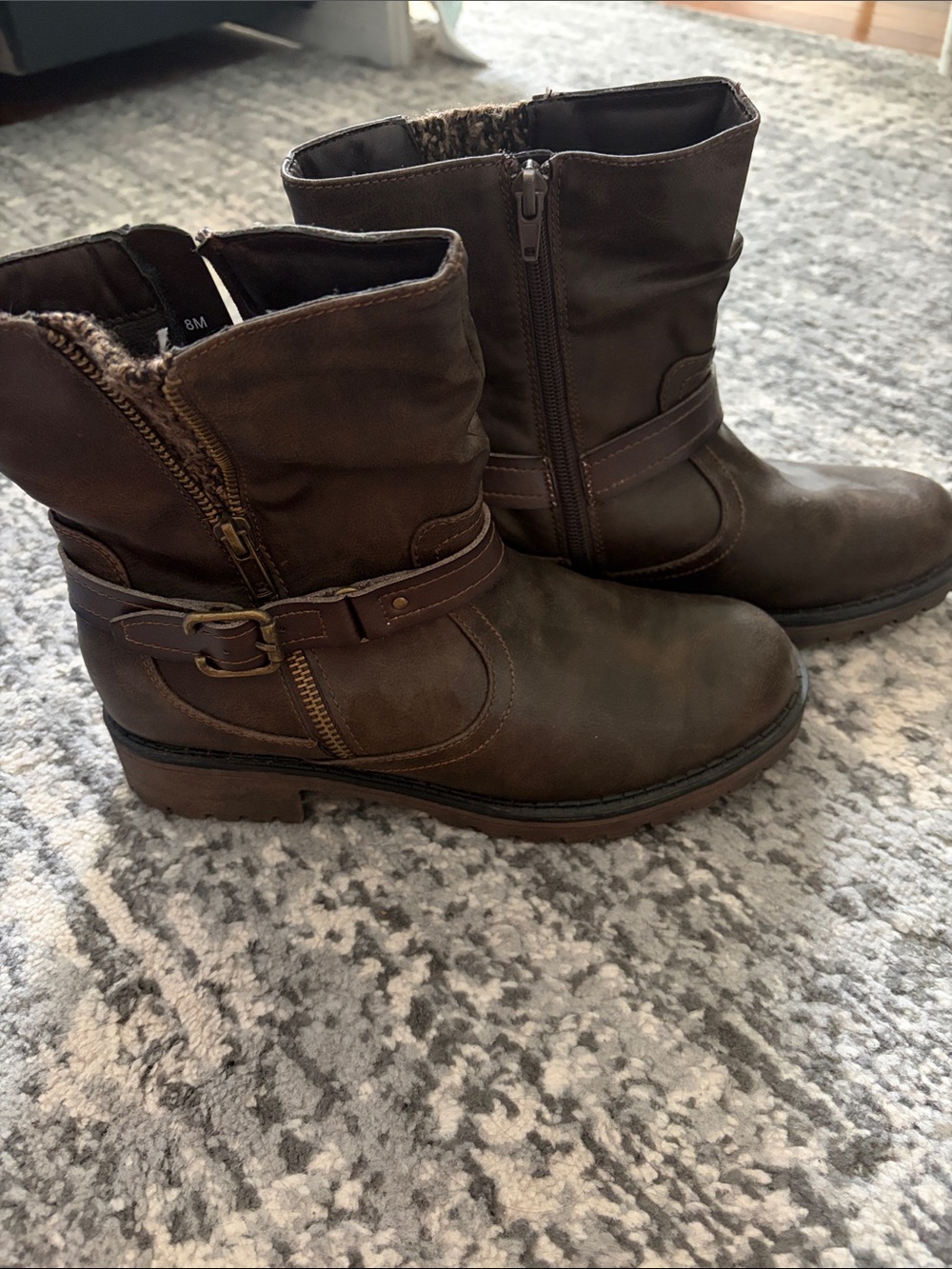 Lena Dark Brown Faux-Leather Combat Boots with Side Buckle & Zipper